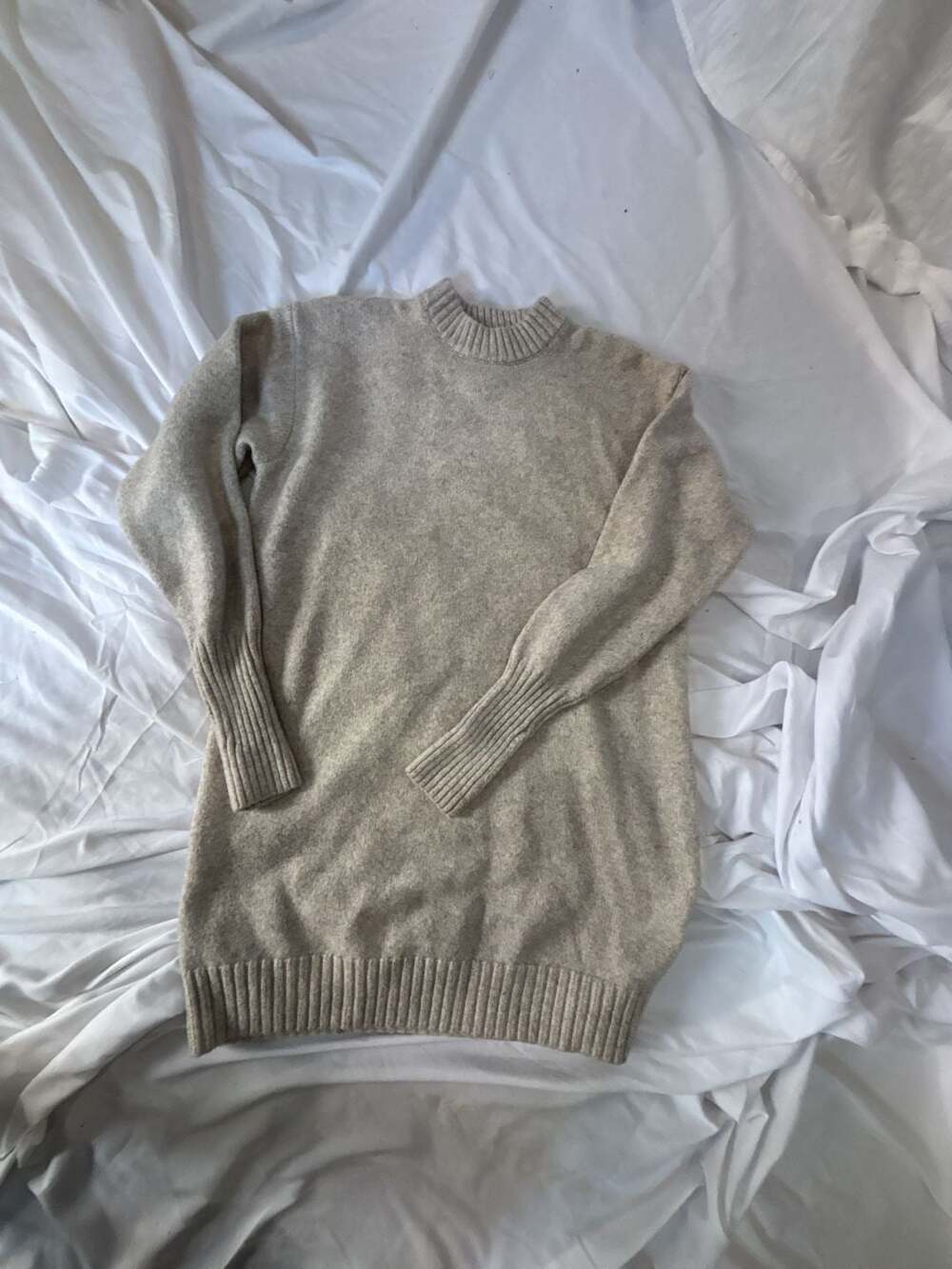 H&M Mock Neck Ribbed Knit Sweater Dress Beige Oatmeal Size L